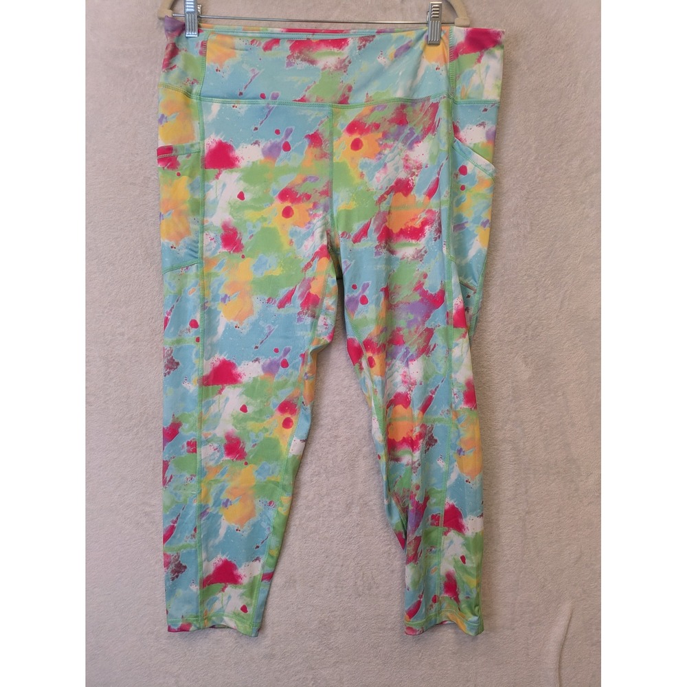 Pro Player Womens XL Cropped Leggings Multicolor Abstract Paint Splatter Pockets